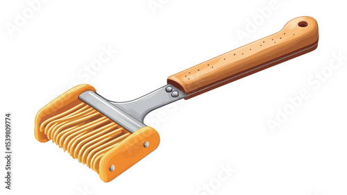Close-up studio shot of a handheld pasta/noodle cutter. The cutter is primarily yellow plastic with a stainless steel blade and a light brown wooden handle. The cutter has multiple small, 