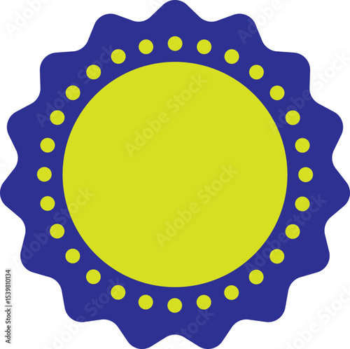 Colorful badge design with a yellow center and blue scalloped border.