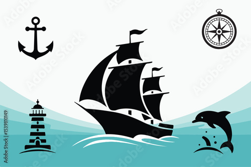 Maritime and nautical icon set. Vector glyph pictograms of ship, anchor, compass, lighthouse, dolphin, sailing, marine life, ocean travel black silhouette illustration. 