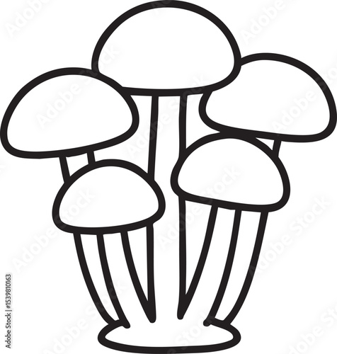 Simple Black and White Line Art Depicting a Cluster of Mushrooms with Rounded Caps and Thick Stems