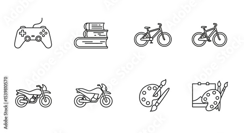 Minimalist hobby icons in bold black lines: gaming, reading, cycling, motorbike, and drawing palette.