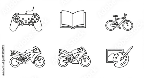 Minimalist hobby icons in bold black lines: gaming, reading, cycling, motorbike, and drawing palette.