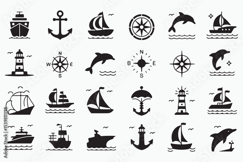 Maritime and nautical icon set. Vector glyph pictograms of ship, anchor, compass, lighthouse, dolphin, sailing, marine life, ocean travel black silhouette illustration. 