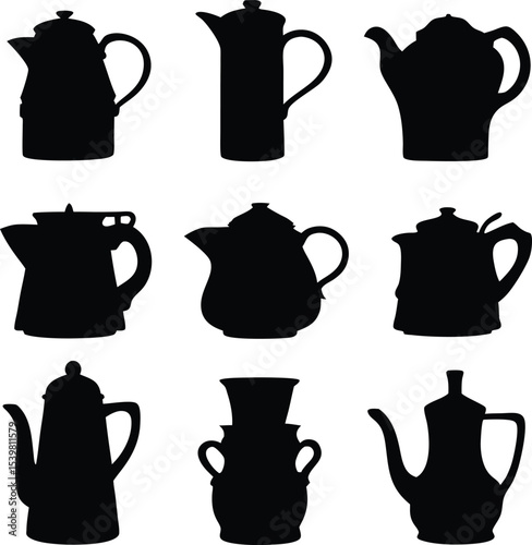 Hand Drawn Silhouette Vector Teapots;  Brewing Shadows of Tradition; Vector on a white background kettle silhouette set

