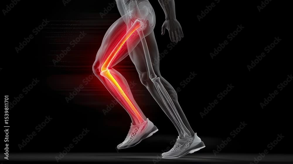 Semi transparent legs of an athlete running showing glowing tibia and fibula bones, highlighting a stress fracture, against a black background Semi transparent legs of an athlete running showing glowing tibia and fibula bones, highlighting a stress fracture, against a black background