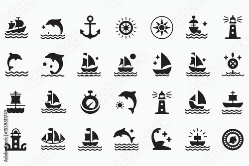 Maritime and nautical icon set. Vector glyph pictograms of ship, anchor, compass, lighthouse, dolphin, sailing, marine life, ocean travel black silhouette illustration. 