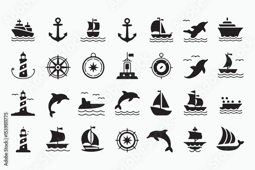 Maritime and nautical icon set. Vector glyph pictograms of ship, anchor, compass, lighthouse, dolphin, sailing, marine life, ocean travel black silhouette illustration. 