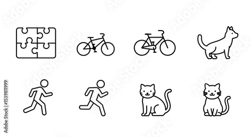 Flat design line art icons of lifestyle and hobbies: puzzle pieces, bicycle, running figure, and cat.