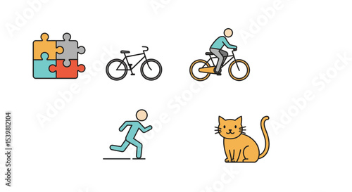 Flat design line art icons of lifestyle and hobbies: puzzle pieces, bicycle, running figure, and cat.