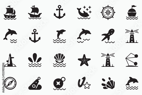 Maritime and nautical icon set. Vector glyph pictograms of ship, anchor, compass, lighthouse, dolphin, sailing, marine life, ocean travel black silhouette illustration. 