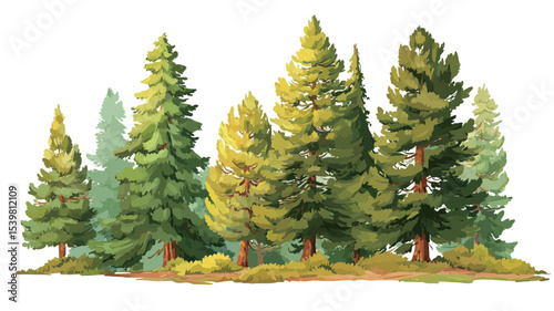 A digital painting or illustration depicting a cluster of evergreen trees against a white background. The trees vary slightly in height and shade of green, suggesting different species of conifers.