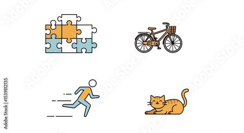Flat design line art icons of lifestyle and hobbies: puzzle pieces, bicycle, running figure, and cat.