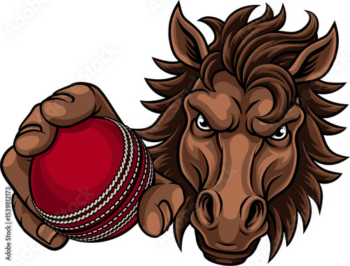 Horse mustang bronco stallion cricket angry sports team mascot holding a ball.