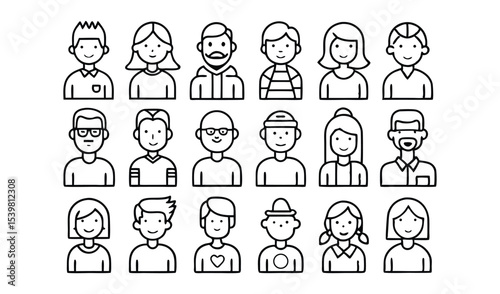 Diverse set of simple line art avatar icons
