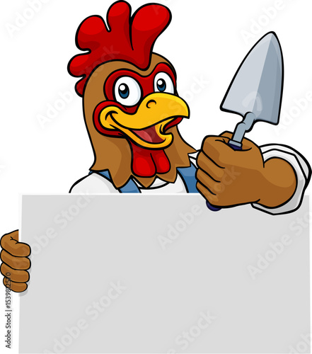 A bricklayer rooster chicken handyman cartoon construction mascot character holding a trowel tool