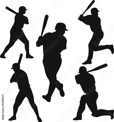 Silhouette Vector Baseball Players; Baseball Players Silhouette Set. Black And White Vector; Hand drawn baseball player silhouette set
