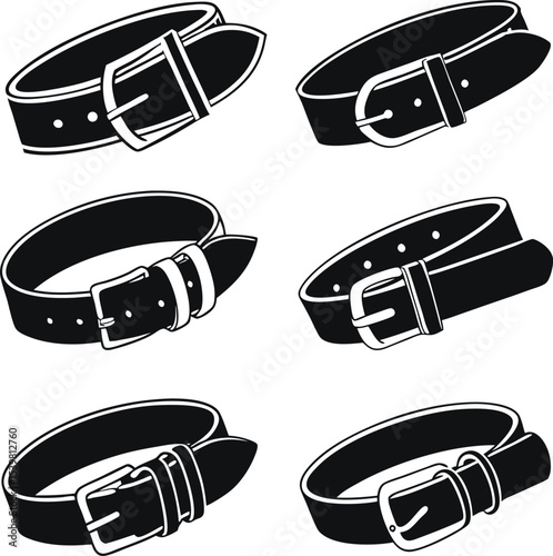 Belt Silhouette Vector Illustration; Black Leather Belts; Belt Buckle Set Icons
