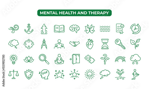 Green Line Icons Mental Health Therapy Wellness Symbols Set