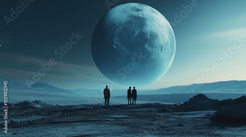 Contemplating the cosmos: Silhouette figures under a giant moon on alien landscape