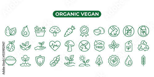 Organic Vegan Food Icons Green Line Art Set vector