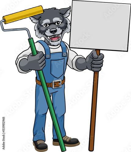 A wolf painter decorator handyman cartoon construction man mascot character holding a paint roller tool