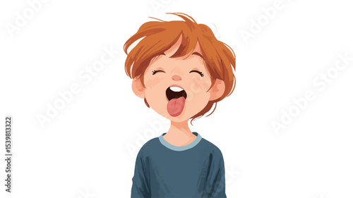A digital illustration of a young boy with short, reddish-blonde hair. He is depicted from the chest up against a white background. His mouth is open, and his tongue is sticking out