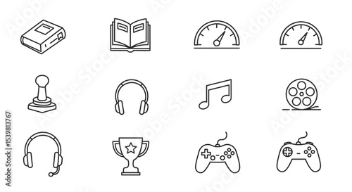 Simple vector icon set with bold outlines, featuring entertainment and activity symbols like joystick, books, and speed gauge.