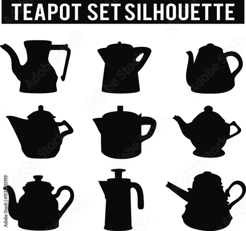 Teapot Cup Collection Vector Silhouettes; Teapot silhouettes; Tea Time Elegance Sophisticated Silhouettes
