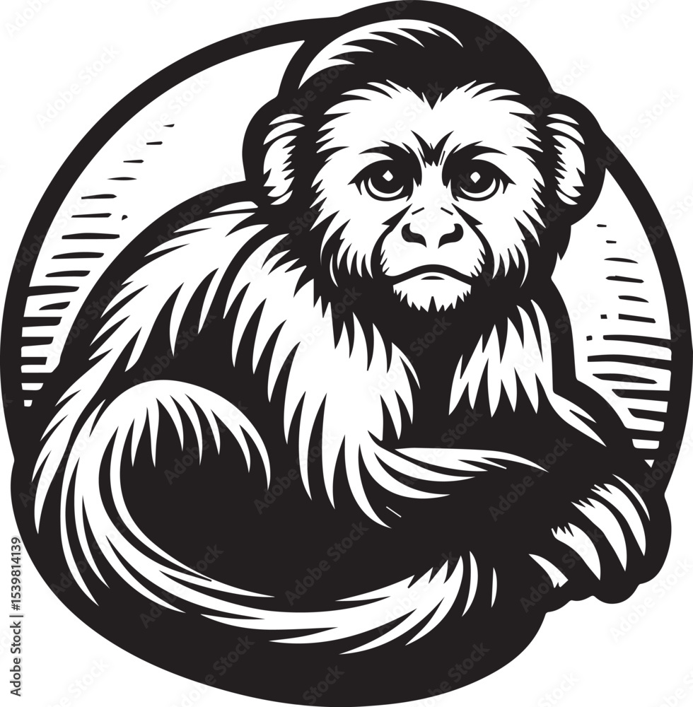 Obraz premium Capuchin Monkey Simple Black and White Vector Illustration