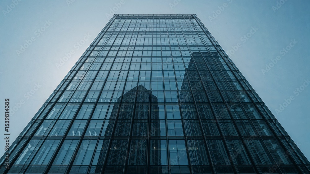Fototapeta premium Modern glass skyscraper against a pale sky.
