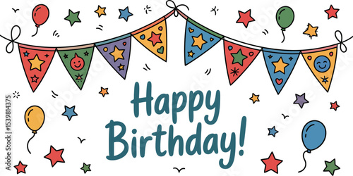 Happy birthday illustration with colorful bunting balloons and stars on a light background design style