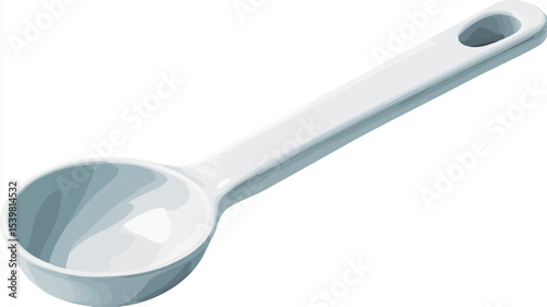 A close-up shot of a single white plastic measuring spoon isolated on a white background. The spoon has a long handle with an oval-shaped hole near the top and a rounded bowl.