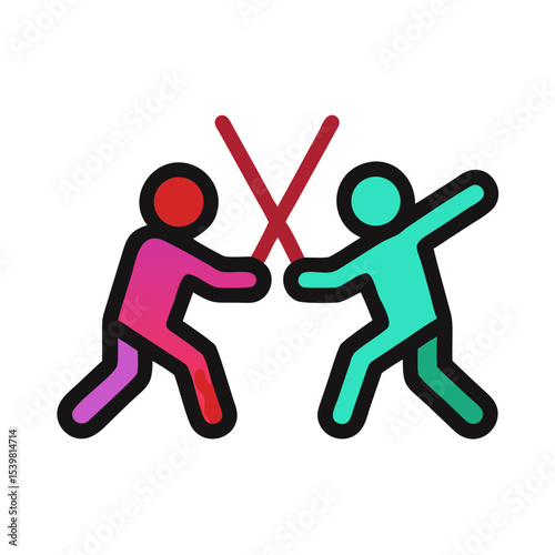 Two colorful stick figures dueling with light sabers in playful action  