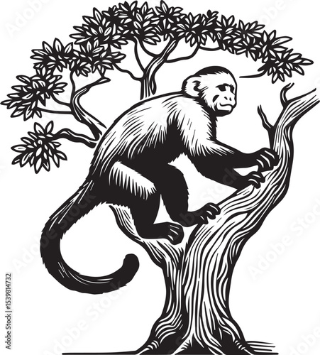Capuchin Monkey Simple Black and White Vector Illustration