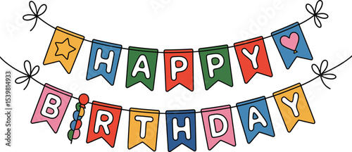 Happy birthday banner with colorful pennants and decorative string hanging against a light background