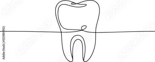 Continuous line drawing of a human tooth with crown, root, and visible cavity detail in minimalist style

