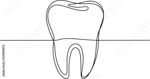 Continuous line drawing of a human tooth with crown, root, and visible cavity detail in minimalist style


