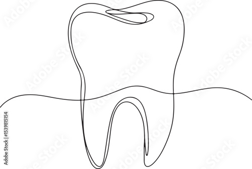 Continuous line drawing of a human tooth with crown, root, and visible cavity detail in minimalist style

