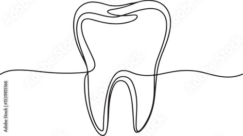 Continuous line drawing of a human tooth with crown, root, and visible cavity detail in minimalist style

