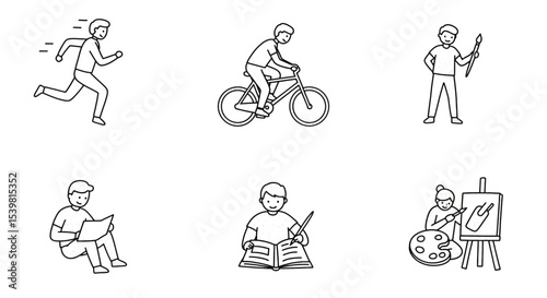Hand-drawn style black line icons of daily leisure activities, including jogging, biking, reading, and painting