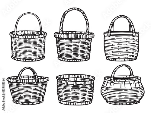 elegant wicker basket line art vector sketch drawing
