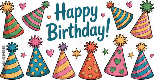 Happy birthday greeting card with colorful party hats, hearts, and stars on a white background design