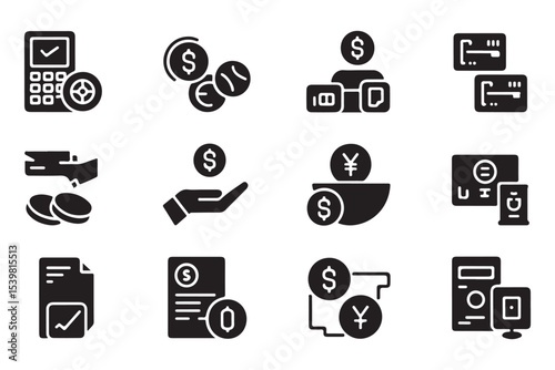 Financial transactions glyph icon set. Vector pictograms of terminal, secure, split, currency exchange, confirmation, scheduled, deposit, invoice, billing, black sign silhouette illustration.