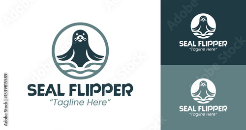 Seal Flipper Logo with Simple Design and Ocean Waves in Blue and White