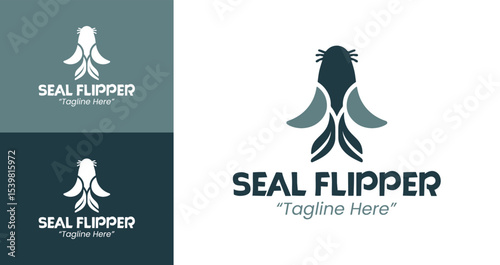 Minimalist Seal Flipper Logo with Waves and Teal Blue Color Scheme