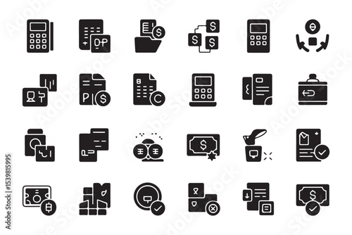 Financial transactions glyph icon set. Vector pictograms of terminal, secure, split, currency exchange, confirmation, scheduled, deposit, invoice, billing, black sign silhouette illustration.
