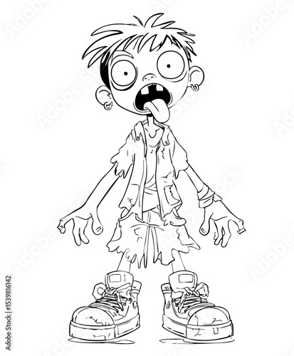 Crazy Cartoon Zombie Boy Line Art on Black
