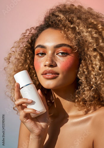 Mockup of woman holding purple cosmetic bottle, beauty product mockup for skincare and cosmetic branding
