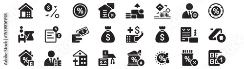 Loan, finance icon set. Vector glyph pictograms of mortgage, percentage, loan agreement, money bag, repayment, banking, credit, interest rate black silhouette illustration
