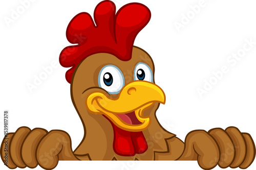 A chicken rooster cockerel bird cartoon character peeking over a sign